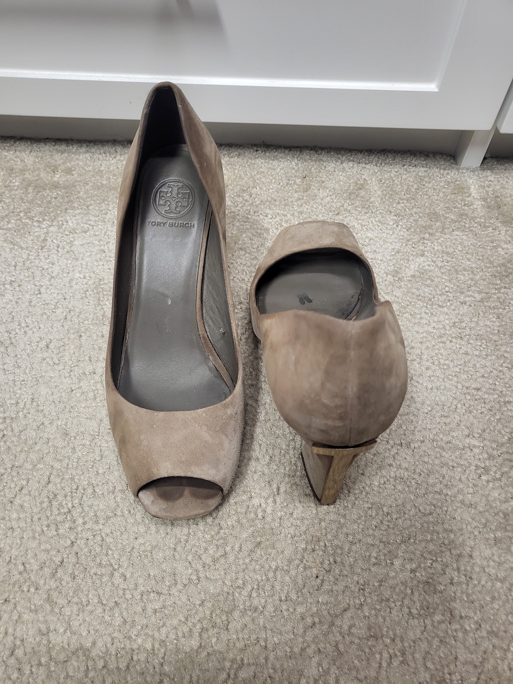 Tory Burch Taupe Suede Peep-Toe Heels